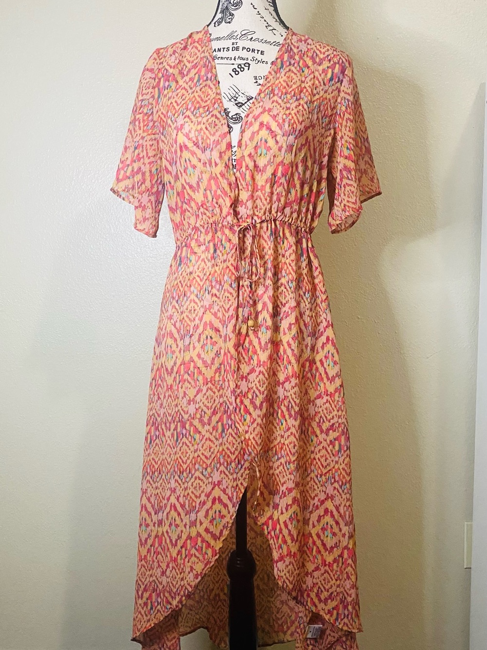 Pink Multi-Print V-Neck Swim Coverup with Drawstring Waist